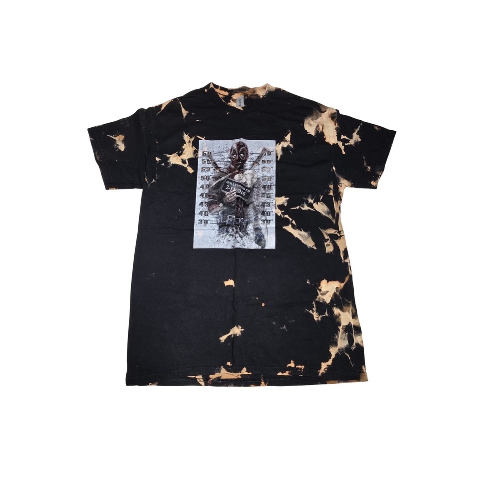 Deadpool Mugshot Graphic T-Shirt Mens M Black Bleach Dyed Marvel Comic Tee
